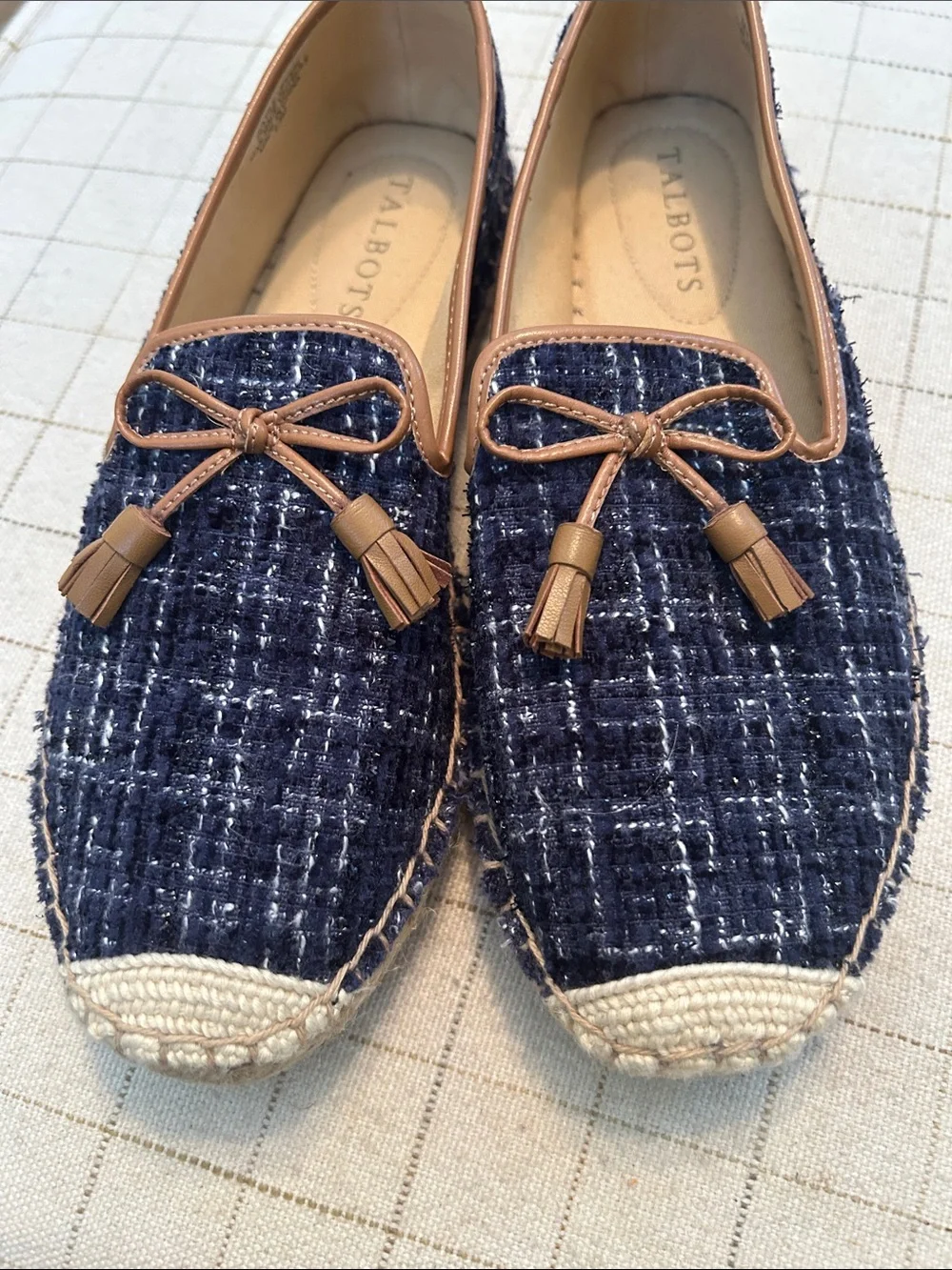 Talbots Navy Tweed Slip-On Espadrille Loafers with Tan Trim and Tassels - Picture 6 of 6